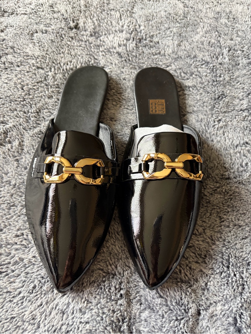 SHEIN Black Patent Pointed Toe Mules with Gold Chain